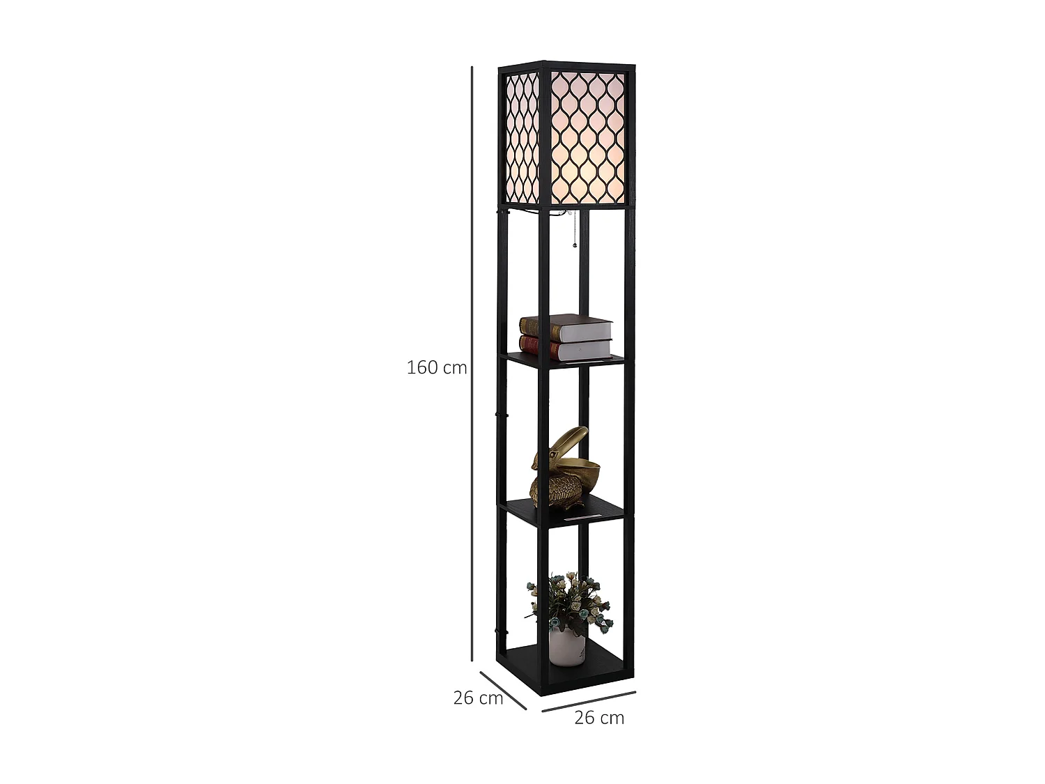 Lampadaire étagère lampe étagère 26L x 26l x 160H cm 3 étagères 4 niveaux MDF noir motif nid d'abeille