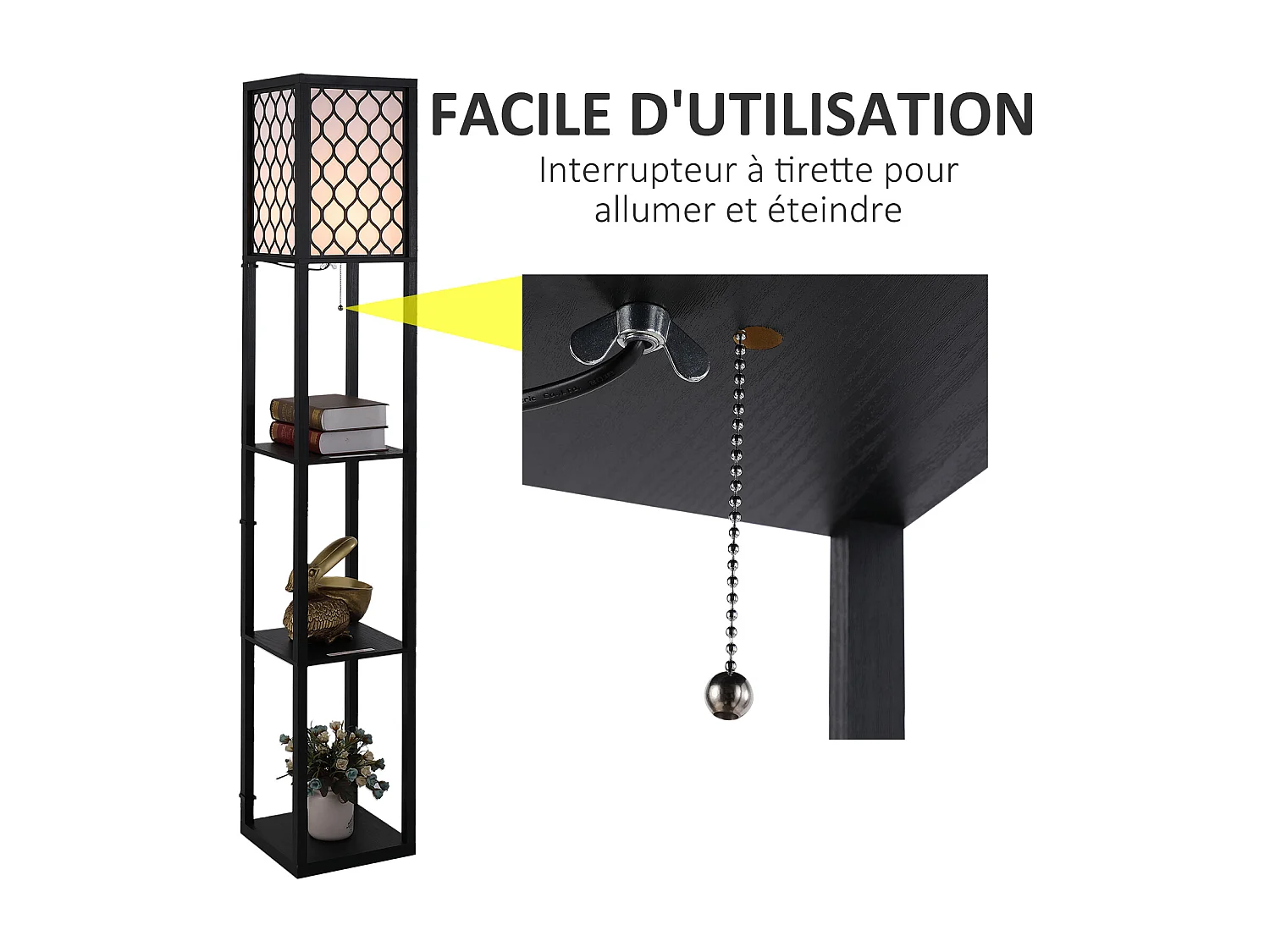Lampadaire étagère lampe étagère 26L x 26l x 160H cm 3 étagères 4 niveaux MDF noir motif nid d'abeille