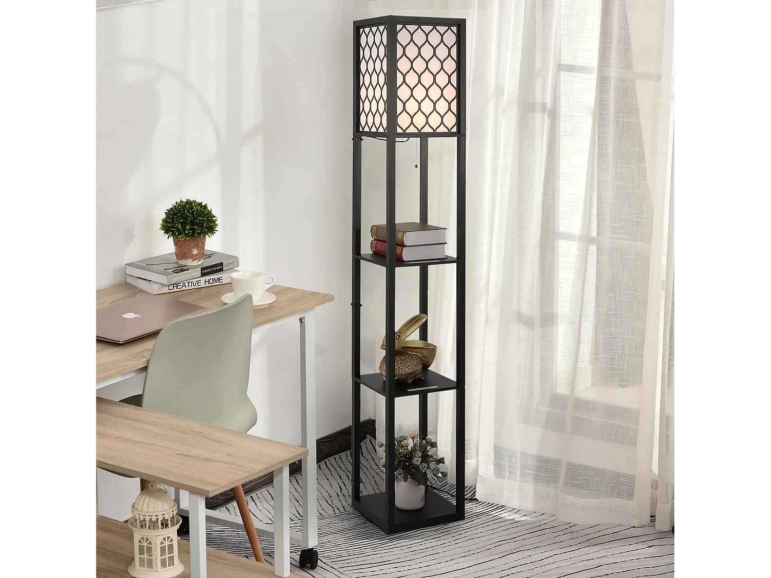Lampadaire étagère lampe étagère 26L x 26l x 160H cm 3 étagères 4 niveaux MDF noir motif nid d'abeille