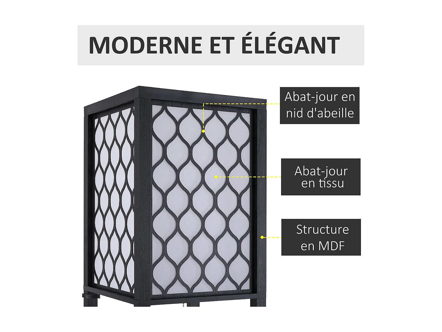 Lampadaire étagère lampe étagère 26L x 26l x 160H cm 3 étagères 4 niveaux MDF noir motif nid d'abeille