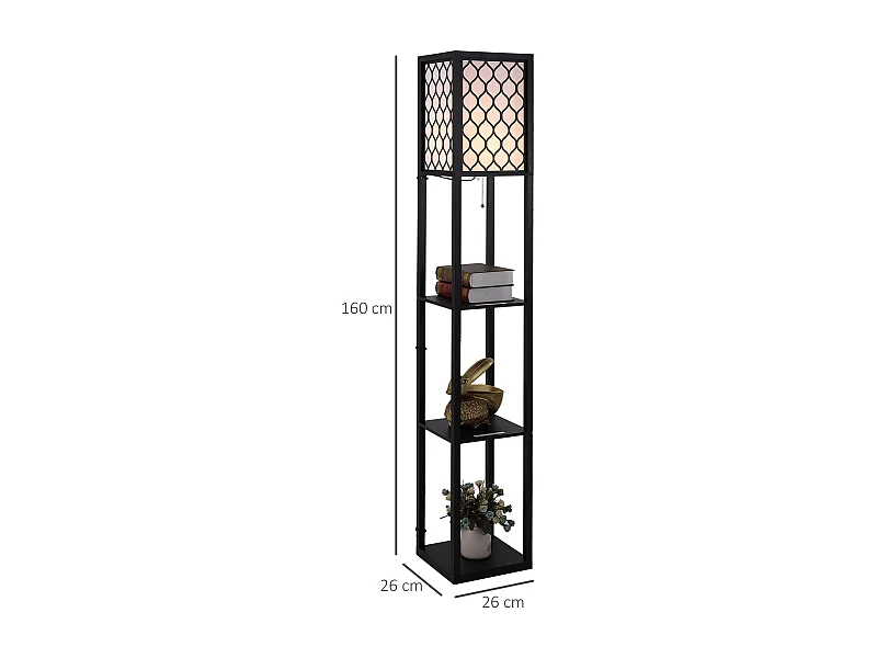 Lampadaire étagère lampe étagère 26L x 26l x 160H cm 3 étagères 4 niveaux MDF noir motif nid d'abeille