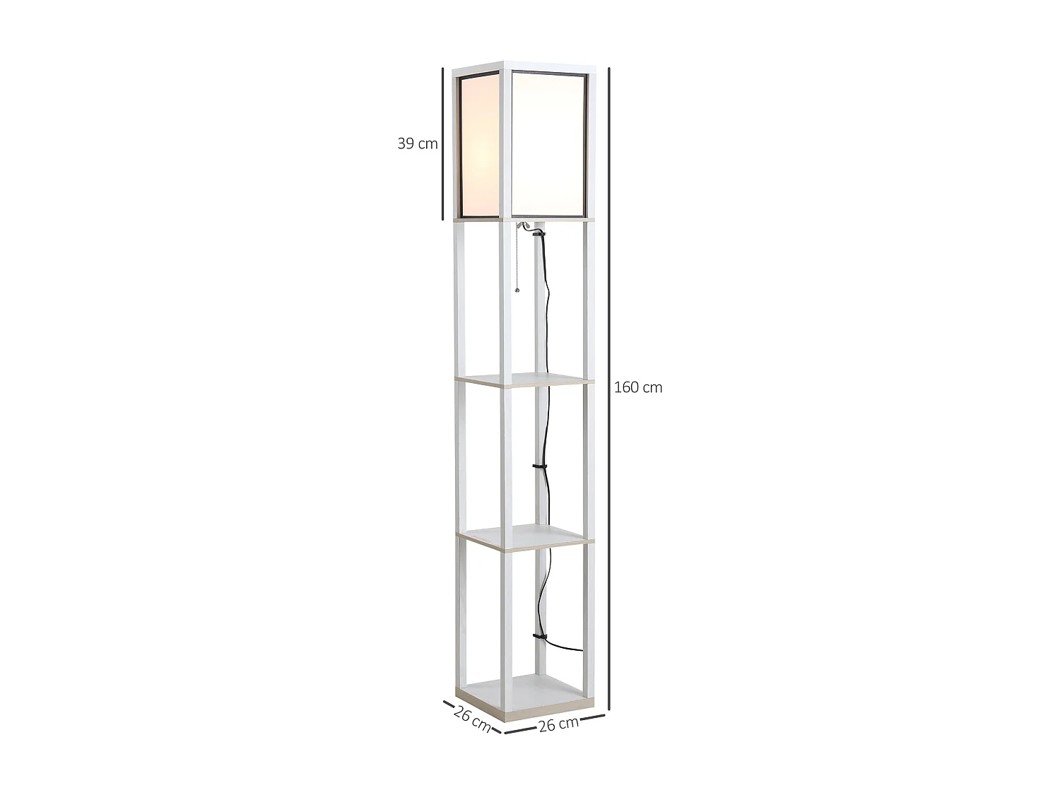 Lampadaire étagère lampe étagère 26L x 26l x 160H cm 3 étagères 4 niveaux MDF blanc