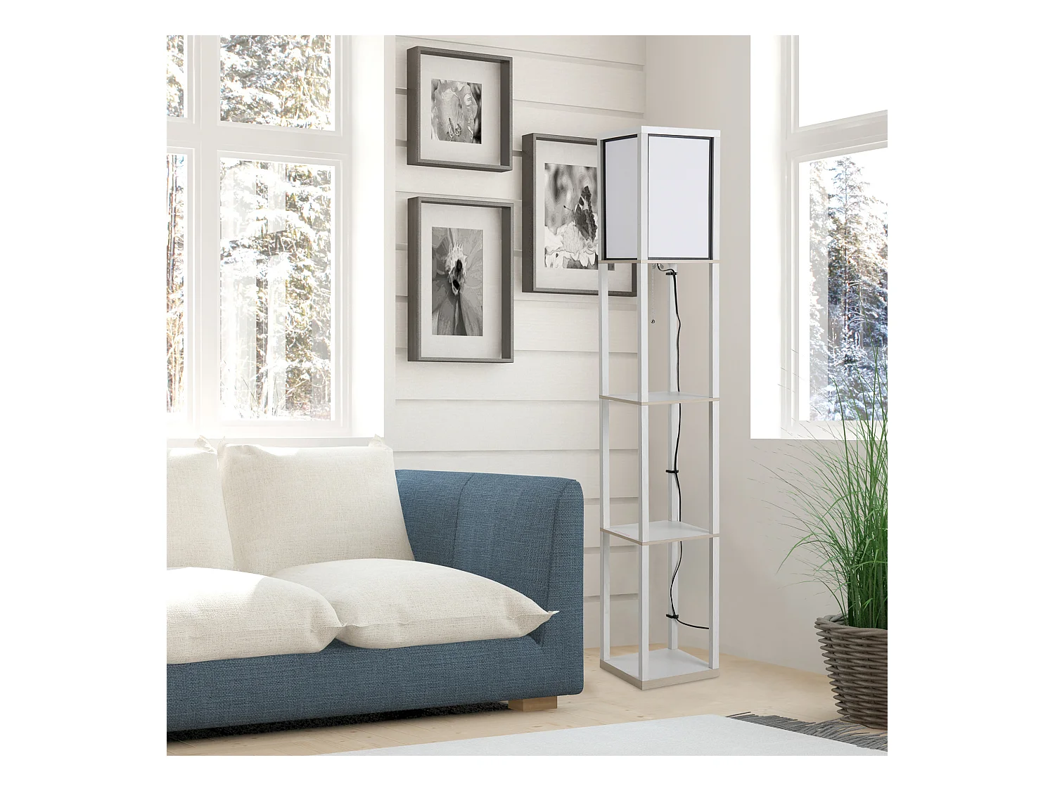 Lampadaire étagère lampe étagère 26L x 26l x 160H cm 3 étagères 4 niveaux MDF blanc