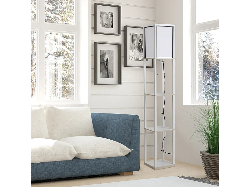 Lampadaire étagère lampe étagère 26L x 26l x 160H cm 3 étagères 4 niveaux MDF blanc