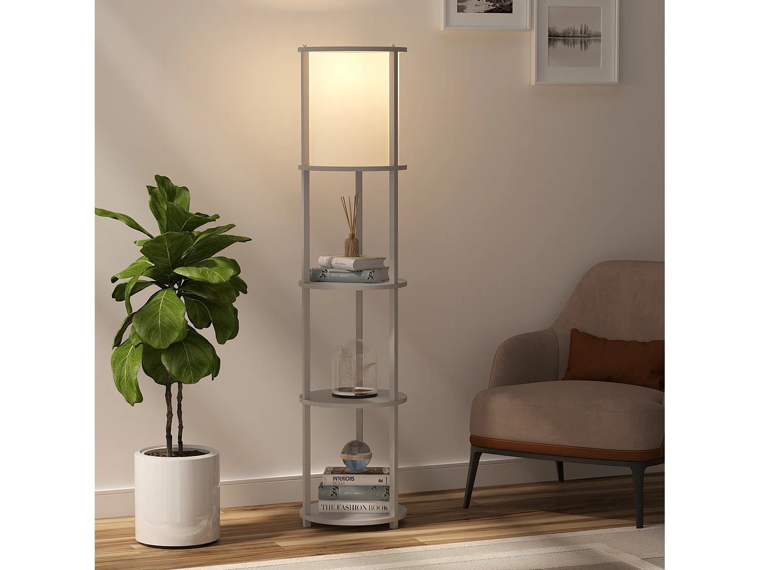 Lampadaire design contemporain 3 étagères intégrées 40 W max. dim. Ø 35 x 154H cm pin gris effet vieilli abat-jour polyester coton blanc