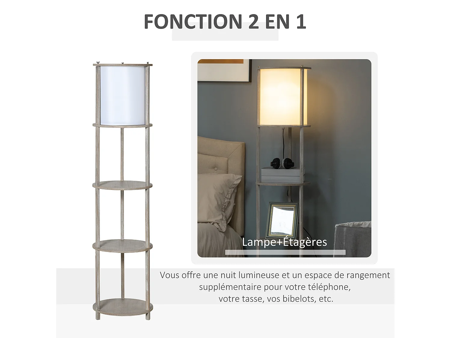 Lampadaire design contemporain 3 étagères intégrées 40 W max. dim. Ø 35 x 154H cm pin gris effet vieilli abat-jour polyester coton blanc