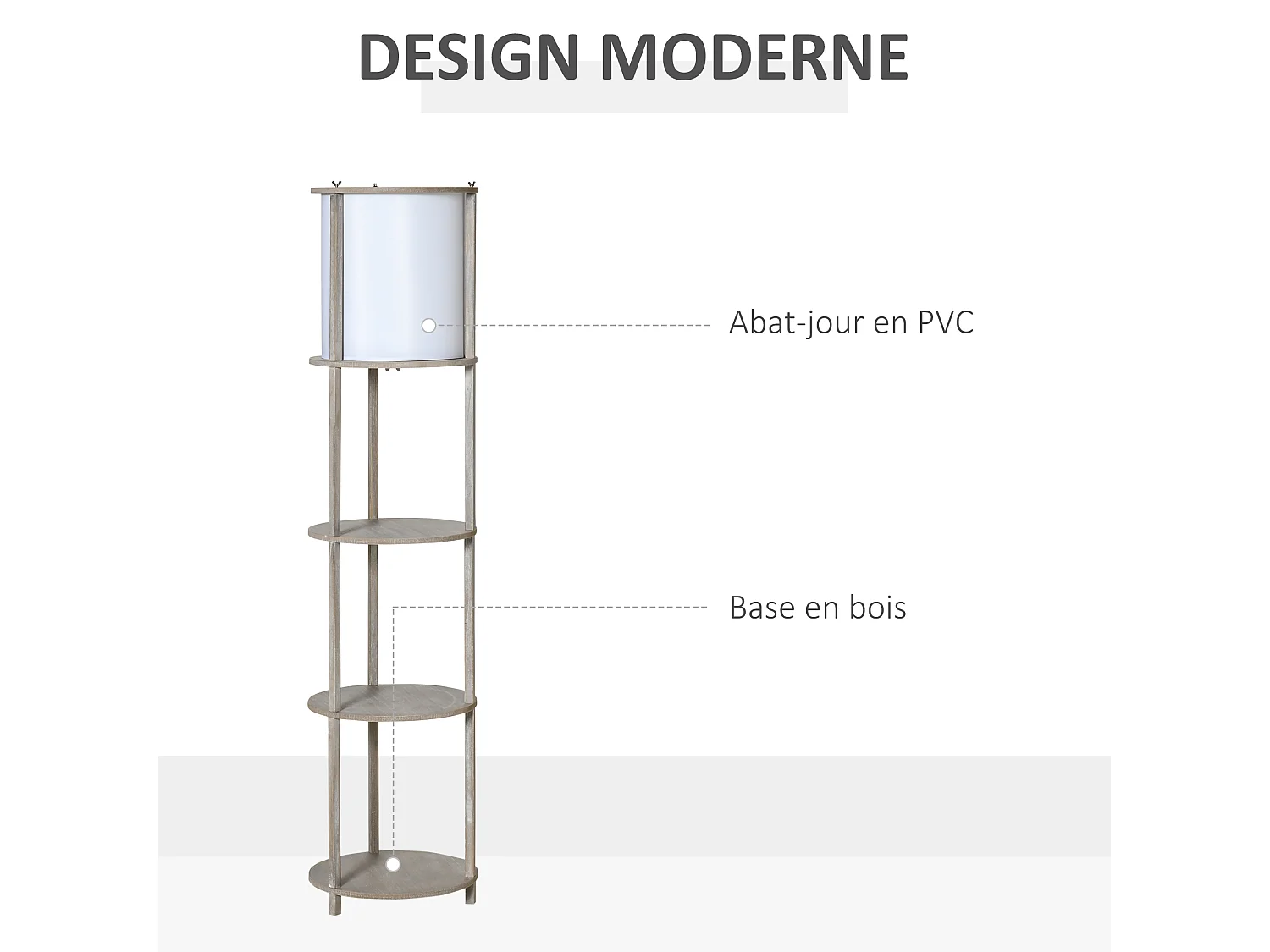 Lampadaire design contemporain 3 étagères intégrées 40 W max. dim. Ø 35 x 154H cm pin gris effet vieilli abat-jour polyester coton blanc