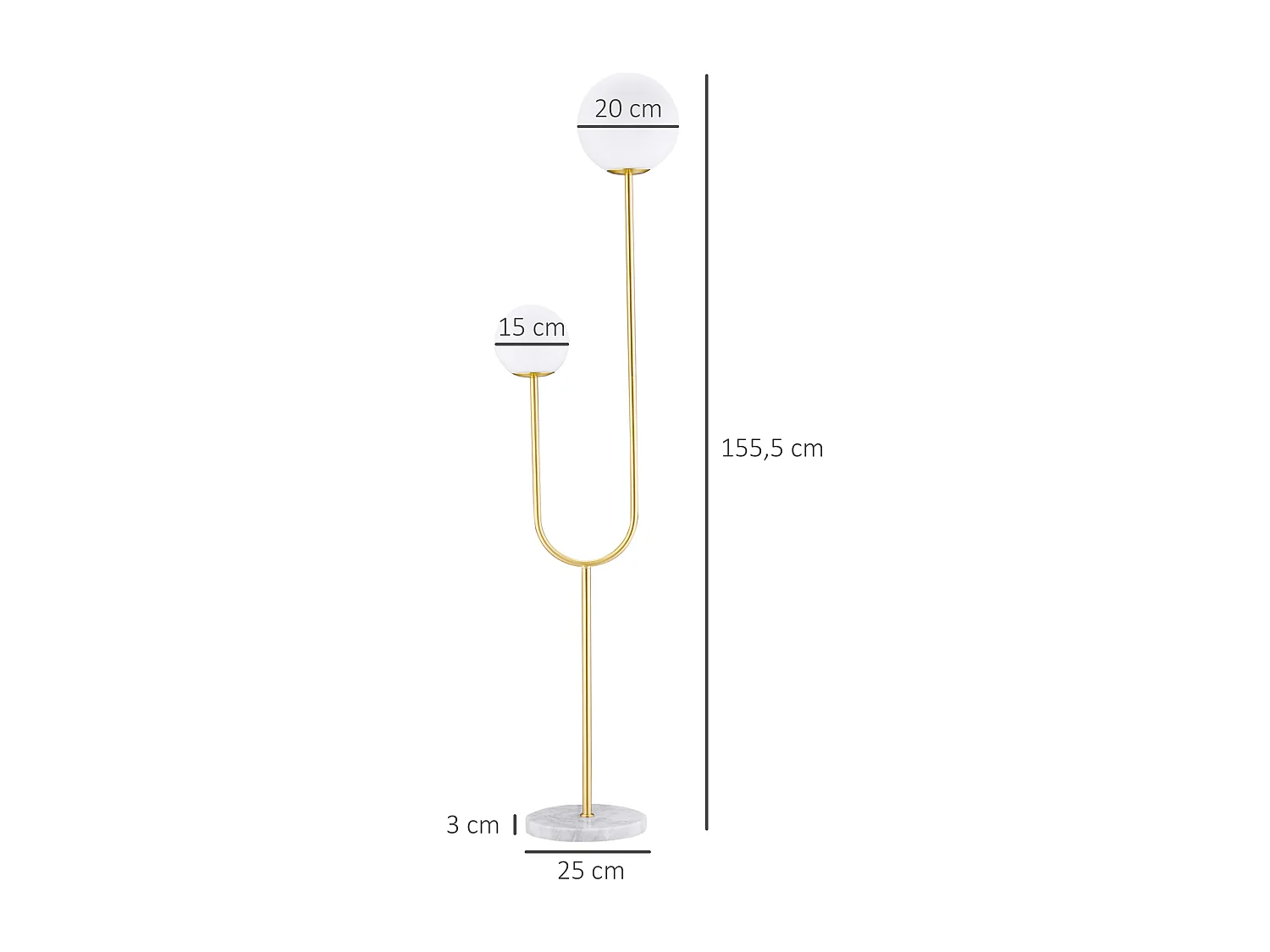 Lampadaire design néo-rétro 2 boules verre blanc opaque max. 25 W piètement marbre blanc acier doré