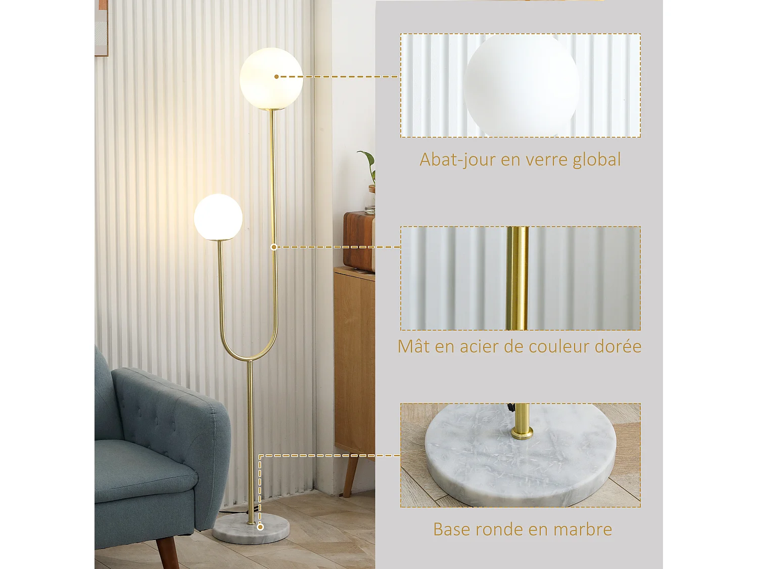 Lampadaire design néo-rétro 2 boules verre blanc opaque max. 25 W piètement marbre blanc acier doré
