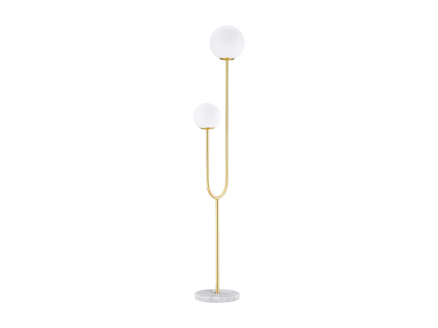 Lampadaire design néo-rétro 2 boules verre blanc opaque max. 25 W piètement marbre blanc acier doré