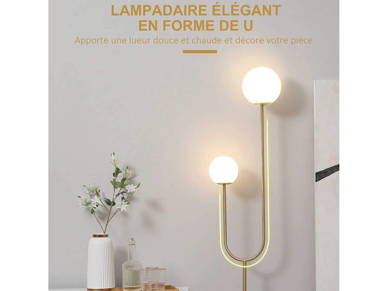 Lampadaire design néo-rétro 2 boules verre blanc opaque max. 25 W piètement marbre blanc acier doré