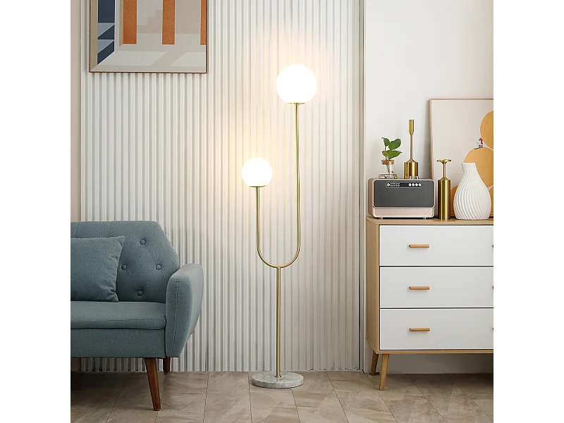 Lampadaire design néo-rétro 2 boules verre blanc opaque max. 25 W piètement marbre blanc acier doré