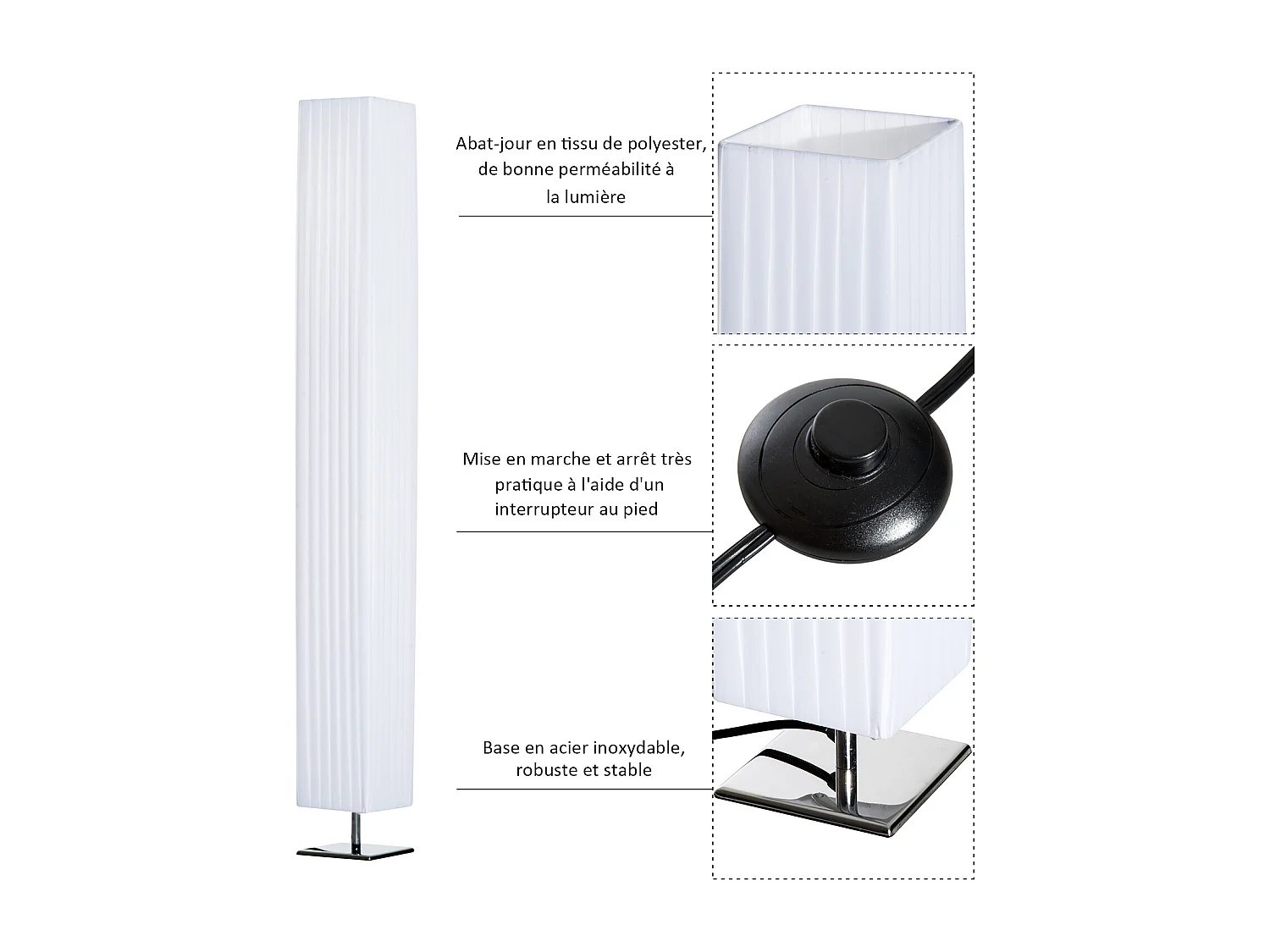 Lampe lampadaire colonne sur pied moderne lumière tamisée 40 W 14L x 14l x 120H cm inox blanc