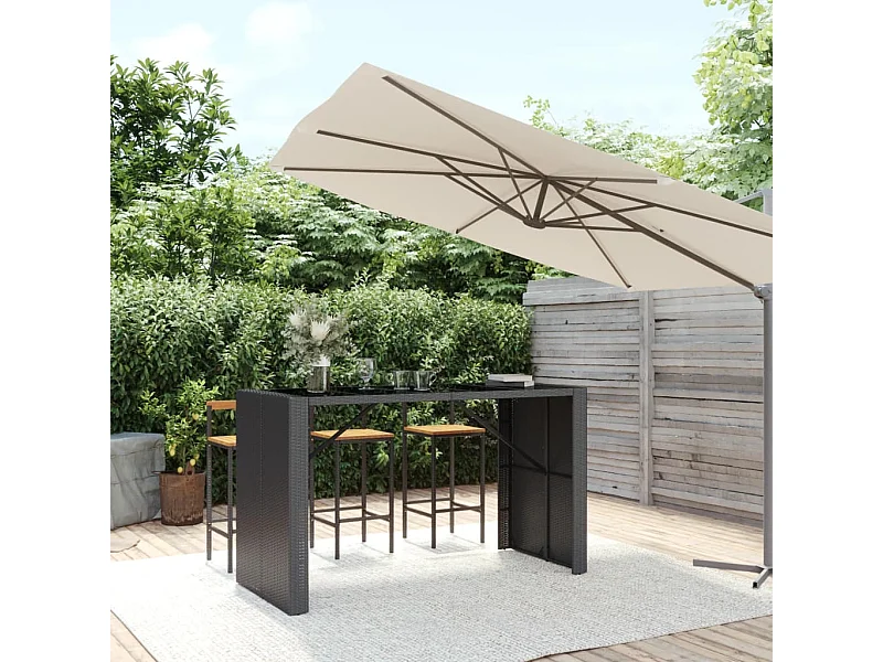 Mesa alta bar ratán PE y superficie vidrio negro 185x80x110 cm ES532270