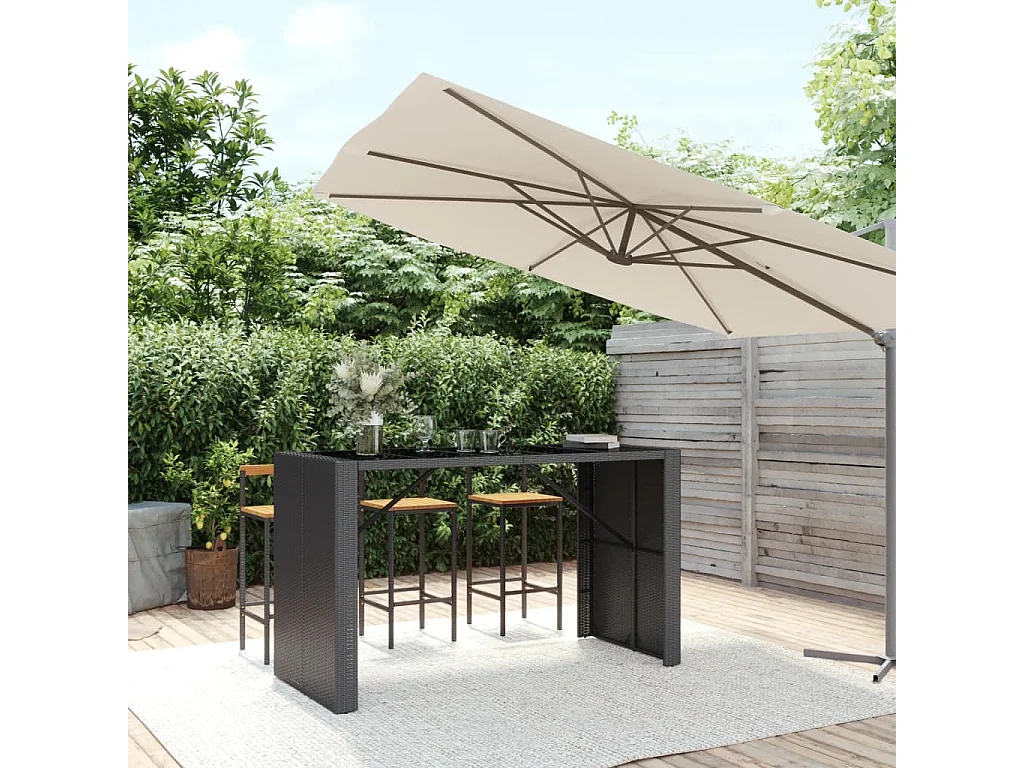 Meuble de bar et dessus en verre noir 185x80x110 cm poly rotin GHR36153