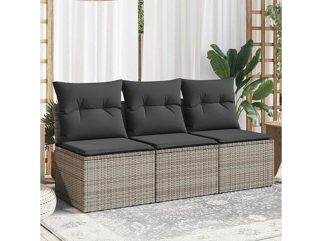 Canapé de jardin avec coussins 3 places gris résine tressée REO61482