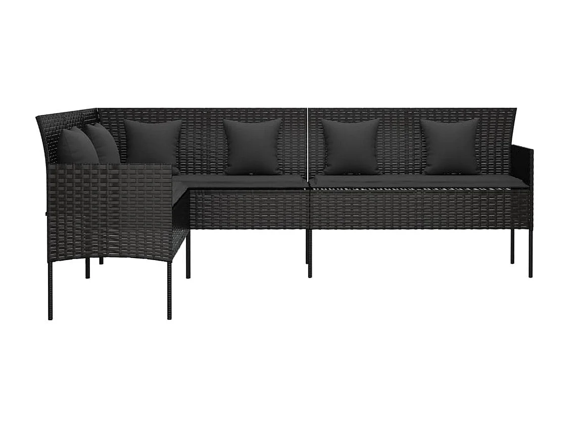 Sofá em forma de L p/ jardim c/ almofadões vime PE preto PT712037