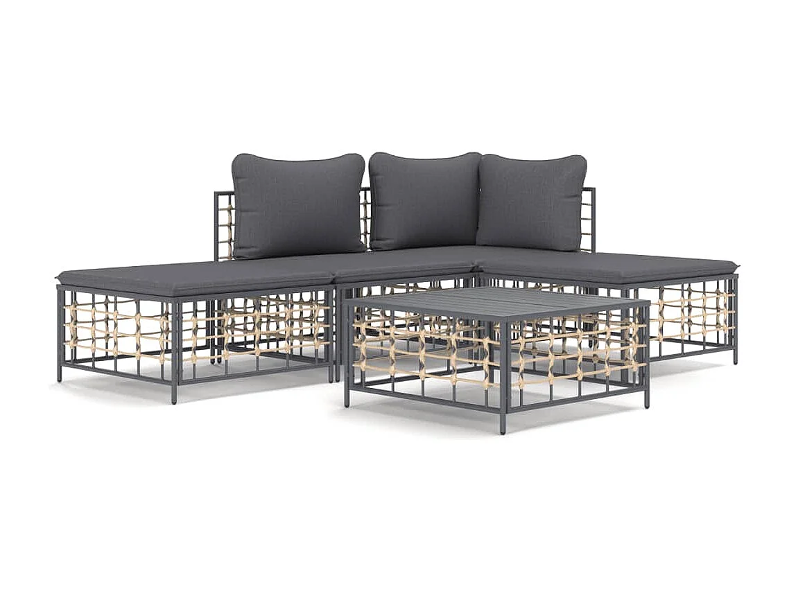 5 pcs conjunto lounge de jardim c/ almofadões vime PE antracite PT306569