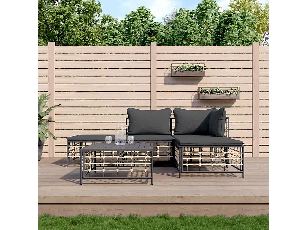 5-tlg. Garten-Sitzgruppe: Sofa + Tisch | Garten-Lounge-Set mit Kissen Anthrazit Poly Rattan -GKD639596