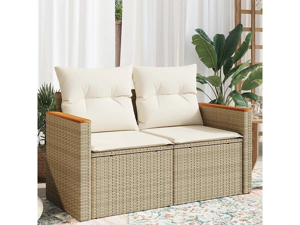 Canapé de jardin avec coussins 2 places beige résine tressée REO48574