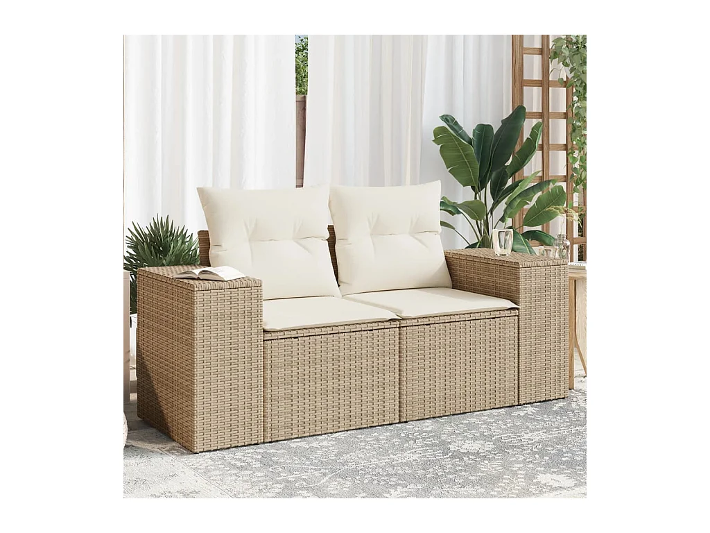 Canapé de jardin avec coussins 2 places beige résine tressée REO58780
