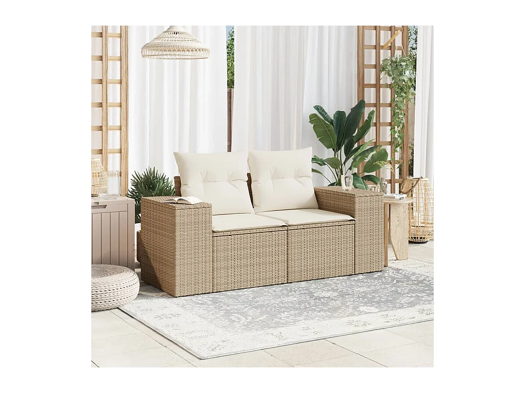 Canapé de jardin avec coussins 2 places beige résine tressée REO58780