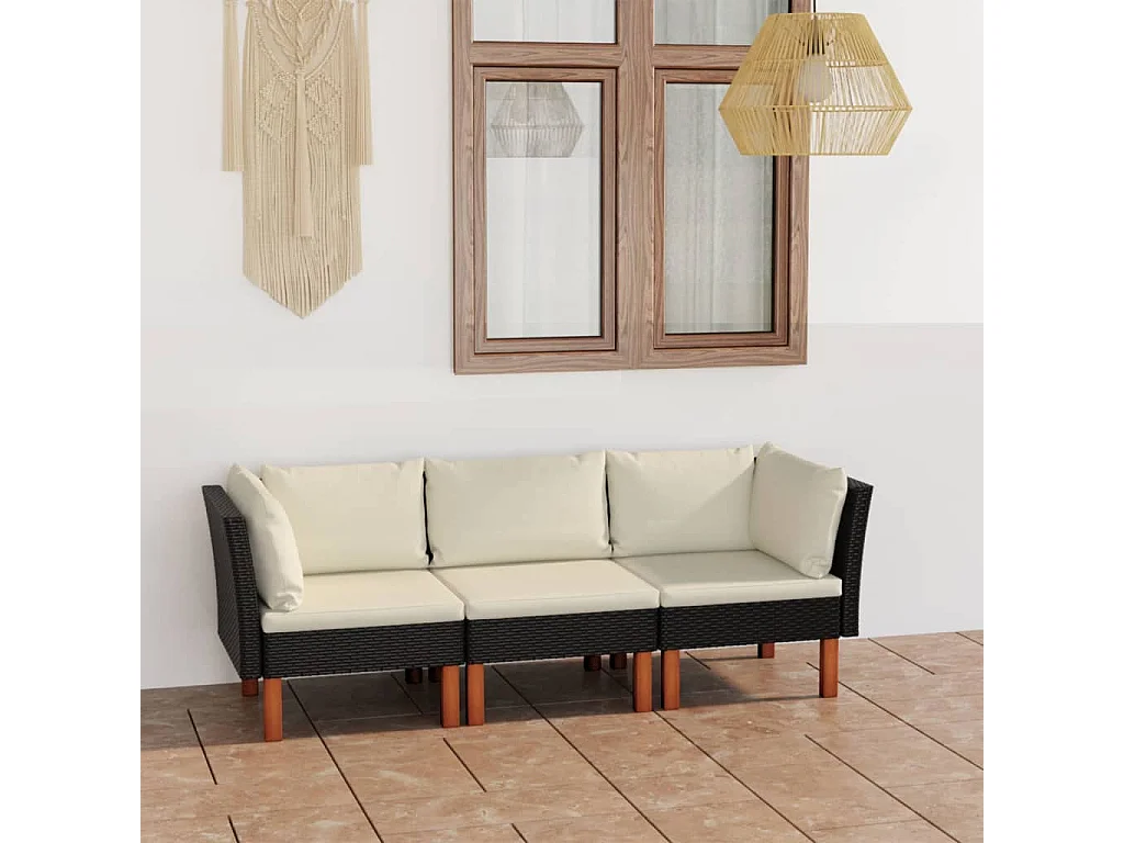 Sofá de jardín 3 plazas con cojines ratán sintético negro KOW95093