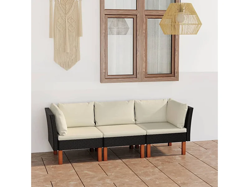Canapé de jardin à 3 places avec coussins Noir Résine tressée REO64198