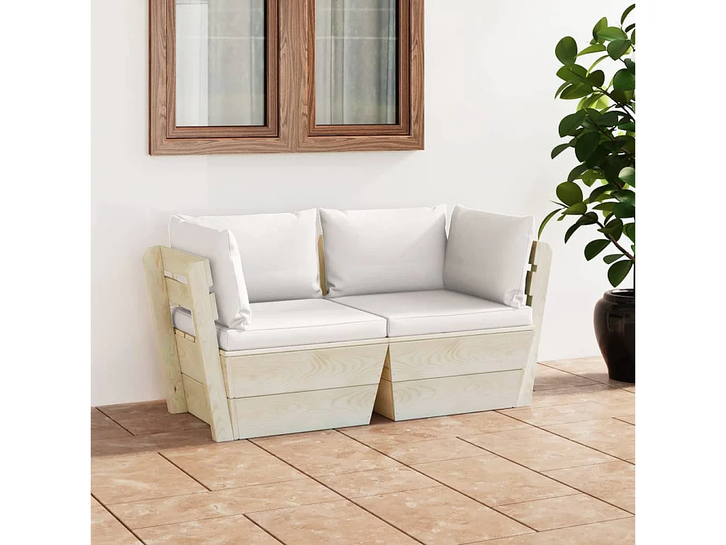 Canapé palette à 2 places de jardin avec coussins Bois d'épicéa REO58435