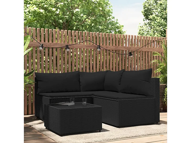 4 pcs conjunto lounge de jardim c/ almofadões vime PE preto PT780349