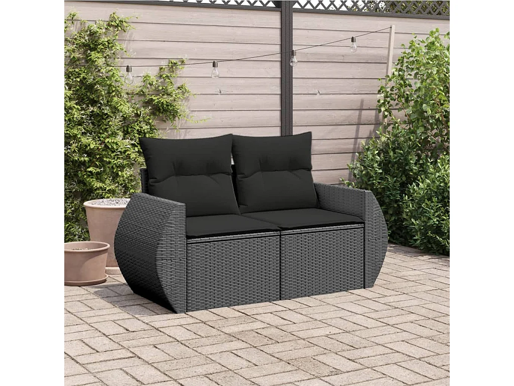 Sofá de jardim com almofadões 2 lugares vime PE preto PT315761