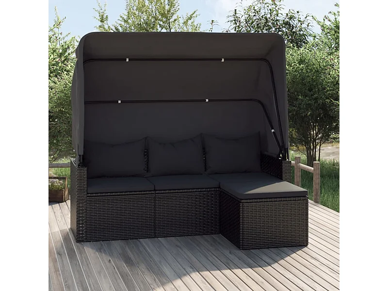 Sofá jardin 3 plazas con toldo y taburete ratán sintético negro KOW35297