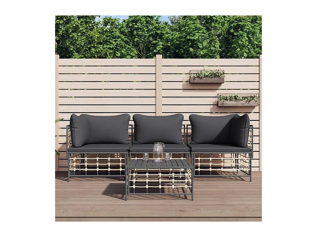 Salon de jardin 4 pcs avec coussins anthracite résine tressée REO93515