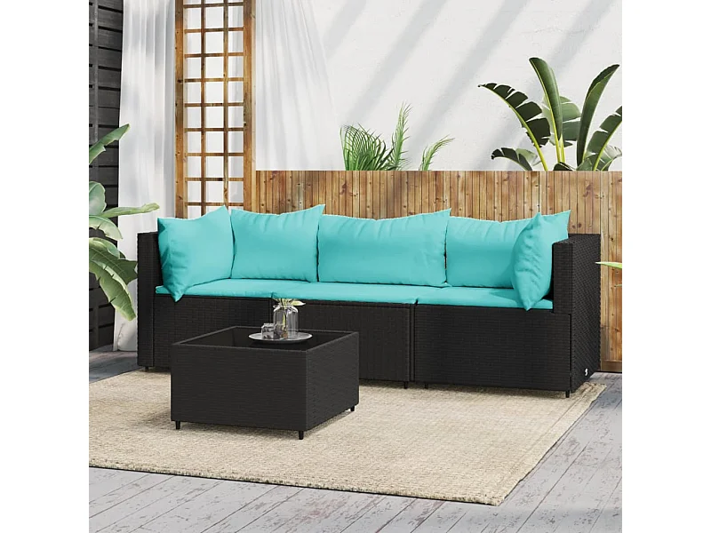 4 pcs conjunto lounge de jardim c/ almofadões vime PE preto PT837771