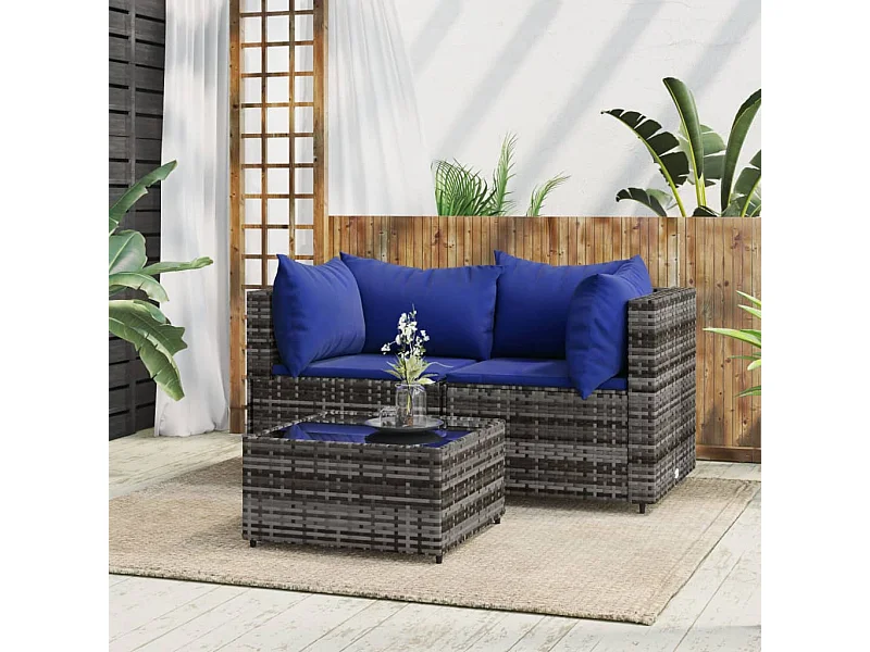 Salon de jardin 3 pcs avec coussins Gris Résine tressée REO64936