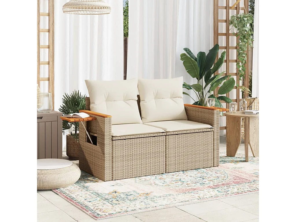 Canapé de jardin avec coussins 2 places beige résine tressée REO63121