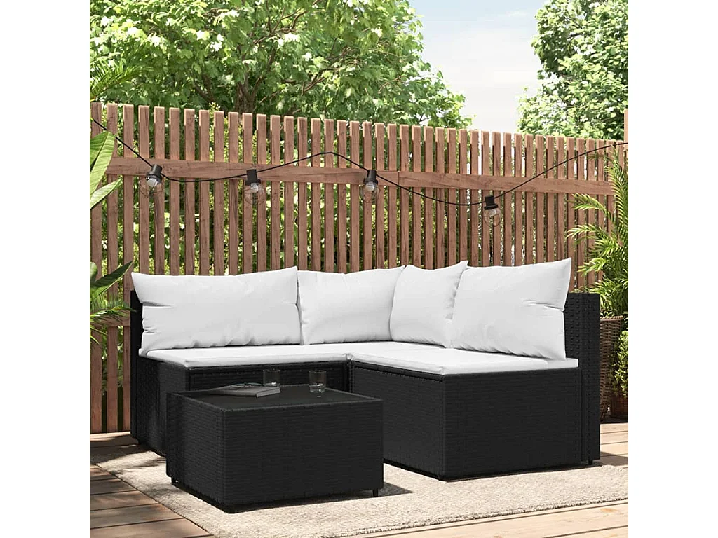 4 pcs conjunto lounge de jardim c/ almofadões vime PE preto PT907397