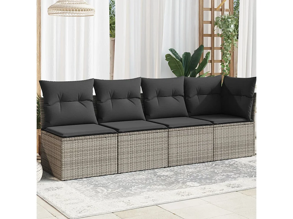 Canapé de jardin 4 places avec coussins gris résine tressée REO20972