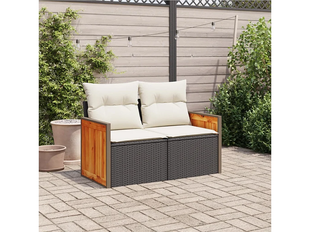 Canapé de jardin avec coussins 2 places noir résine tressée REO72050