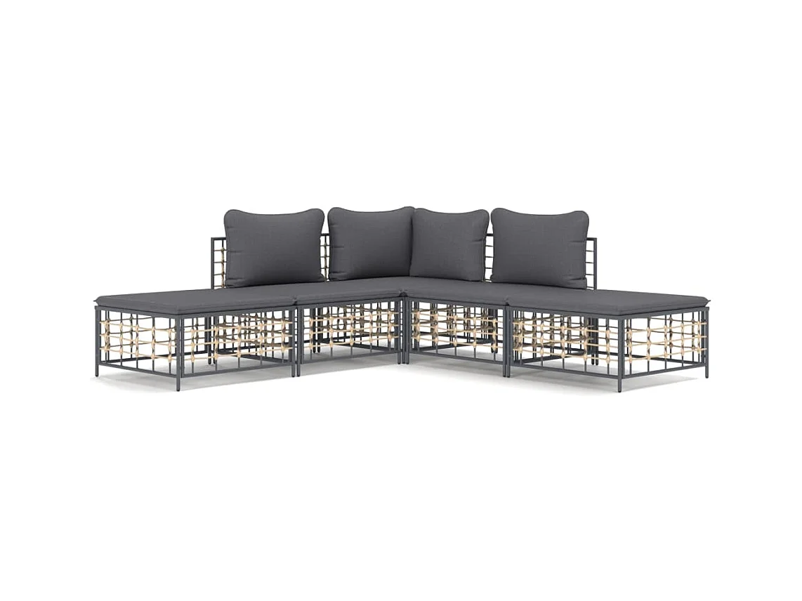 5-tlg. Garten-Sitzgruppe: Sofa + Tisch | Garten-Lounge-Set mit Kissen Anthrazit Poly Rattan -GKD744383