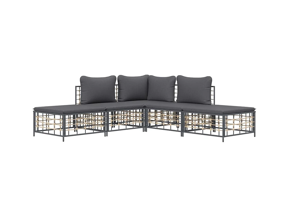 5-tlg. Garten-Sitzgruppe: Sofa + Tisch | Garten-Lounge-Set mit Kissen Anthrazit Poly Rattan -GKD744383