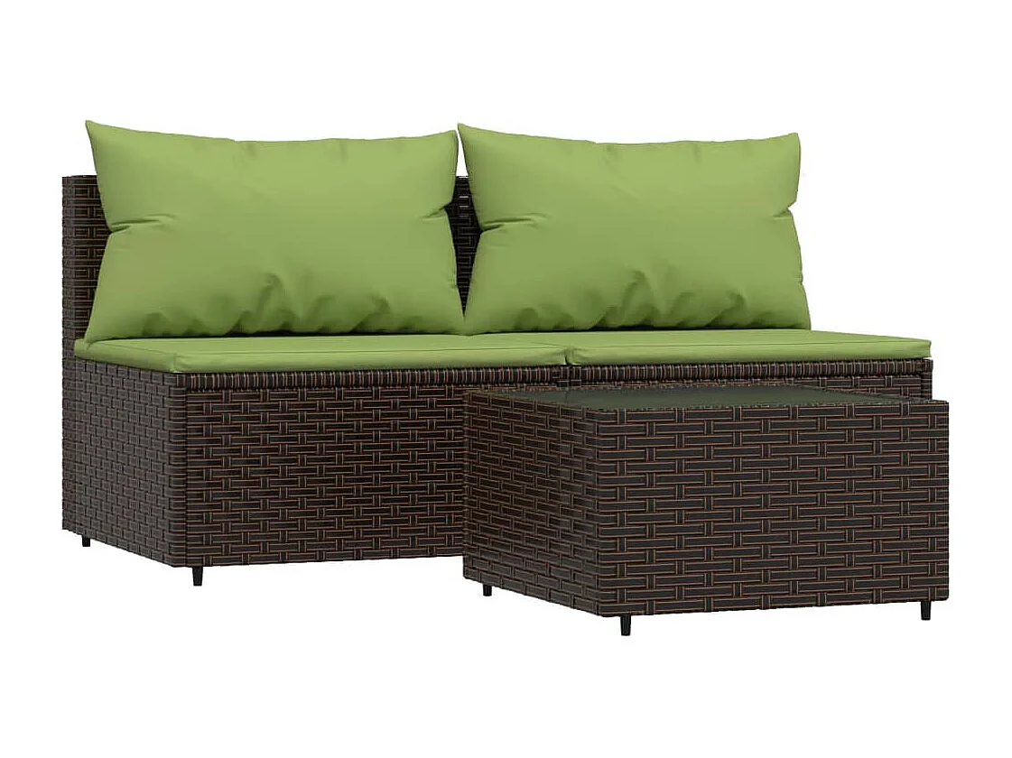 3-tlg. Garten-Sitzgruppe: Sofa + Tisch | Garten-Lounge-Set mit Kissen Braun Poly Rattan -GKD725517