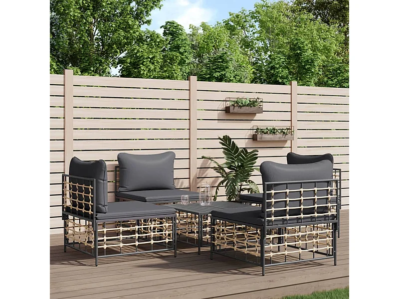 5-tlg. Garten-Sitzgruppe: Sofa + Tisch | Garten-Lounge-Set mit Kissen Anthrazit Poly Rattan -GKD476661