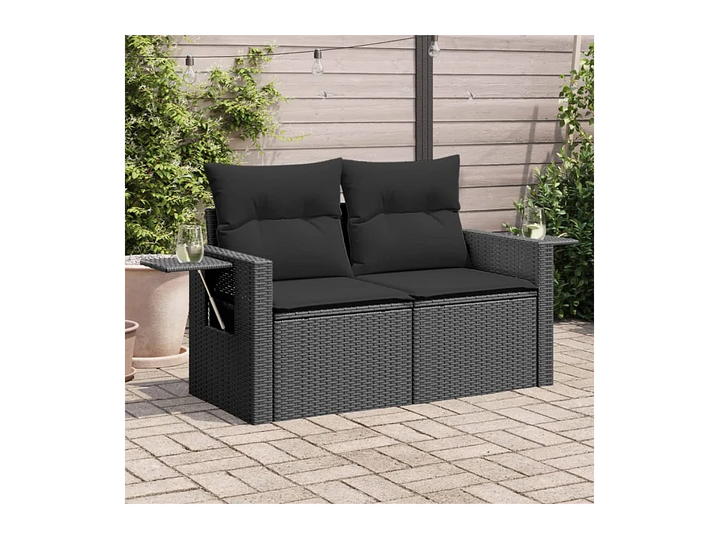 Canapé de jardin avec coussins 2 places noir résine tressée REO27893