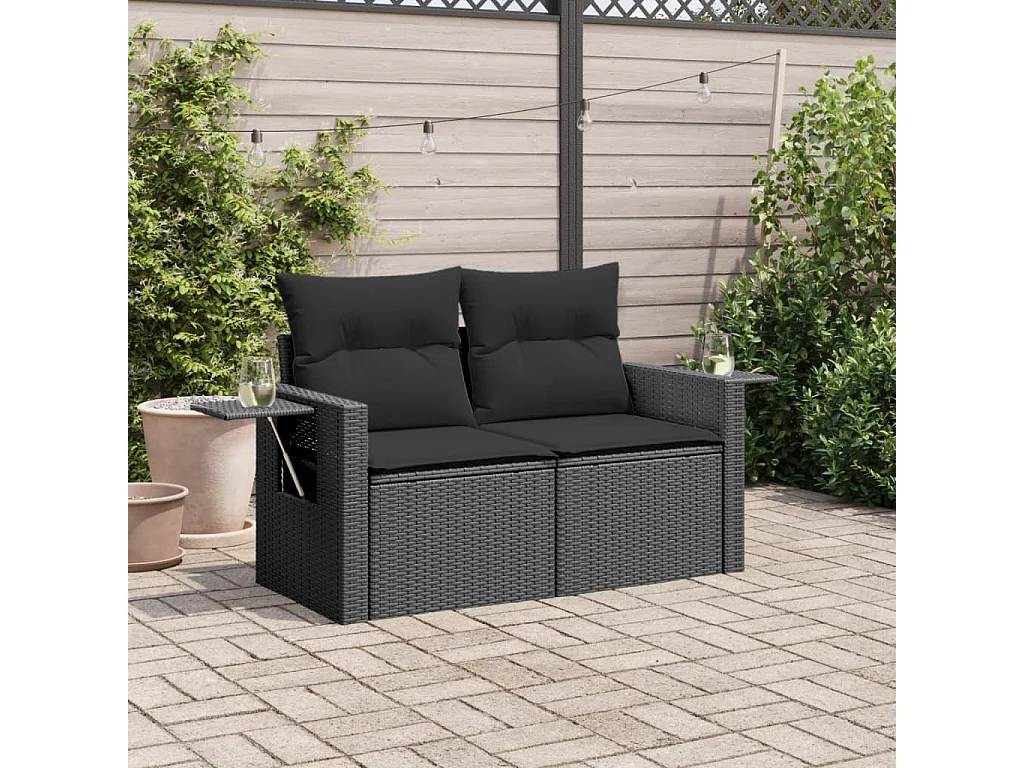 Canapé de jardin avec coussins 2 places noir résine tressée REO27893