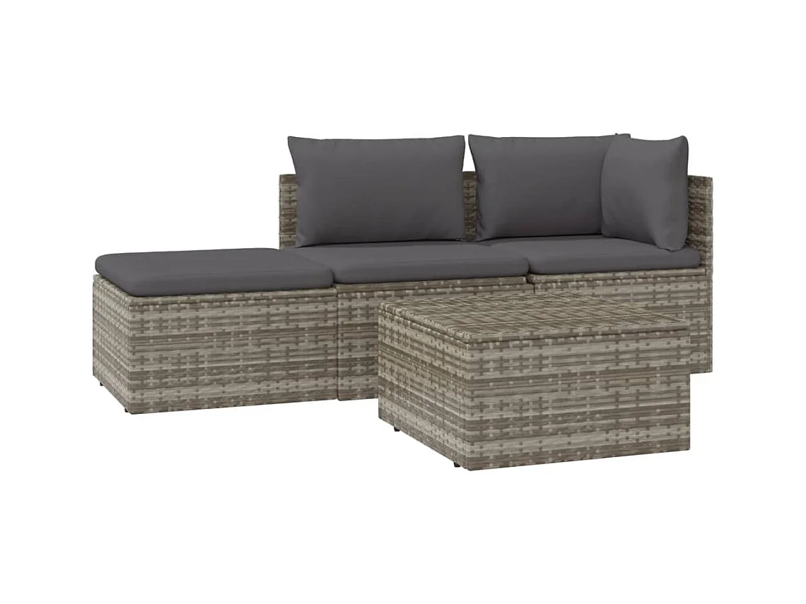 4-tlg. Garten-Sitzgruppe: Sofa + Tisch | Garten-Lounge-Set mit Kissen Grau Poly Rattan -GKD869460