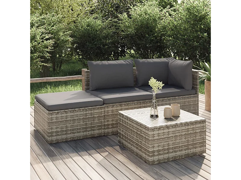 4-tlg. Garten-Sitzgruppe: Sofa + Tisch | Garten-Lounge-Set mit Kissen Grau Poly Rattan -GKD869460