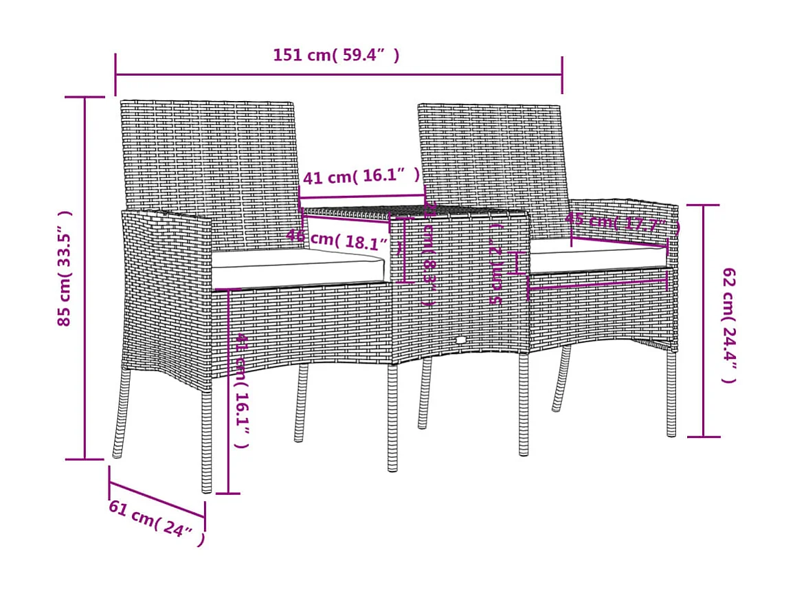 Canapé jardin 2 places et table basse Résine tressée Anthracite REO25654