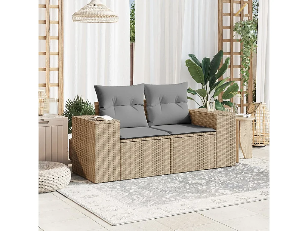 Canapé de jardin avec coussins 2 places beige résine tressée REO39741
