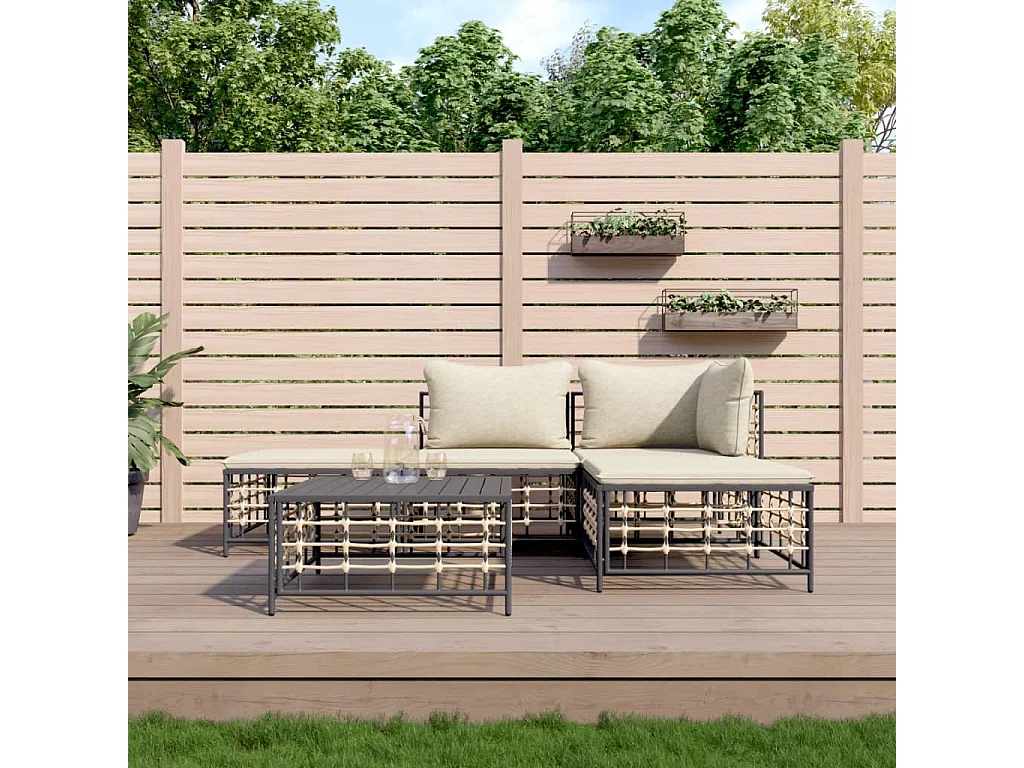 5-tlg. Garten-Sitzgruppe: Sofa + Tisch | Garten-Lounge-Set mit Kissen Anthrazit Poly Rattan -GKD765310